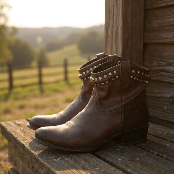 Frye Boots Diana Brown Leather Studded Western Almond Toe Heeled Short Boots - Picture 3 of 15